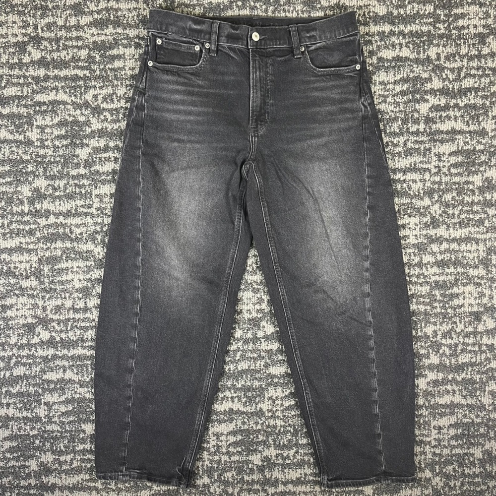 American Eagle Barrel Jeans Womens 6 Black High Rise Stretch Relaxed Curved Leg